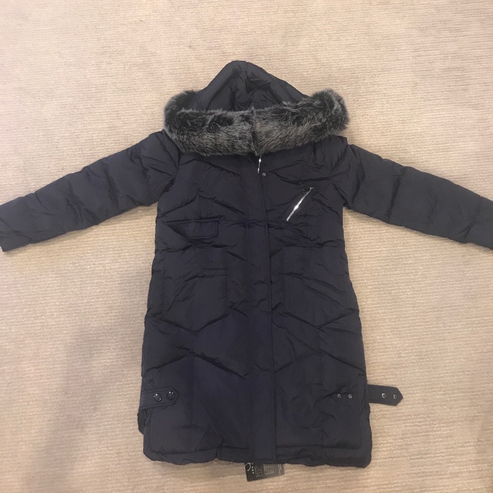 Navy faux fur puffer jacket, never been worn!!!